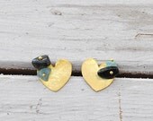 18K Yellow Gold Earrings, Heart Studs, Aquamarine and Onyx, Minimalist Dainty Earring, Bridal to Everyday Wear, Love Jewelry, Spring Fashion