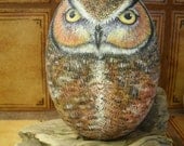 Great Horned Owl Rock on Driftwood OOAK Hand Painted Sculpture