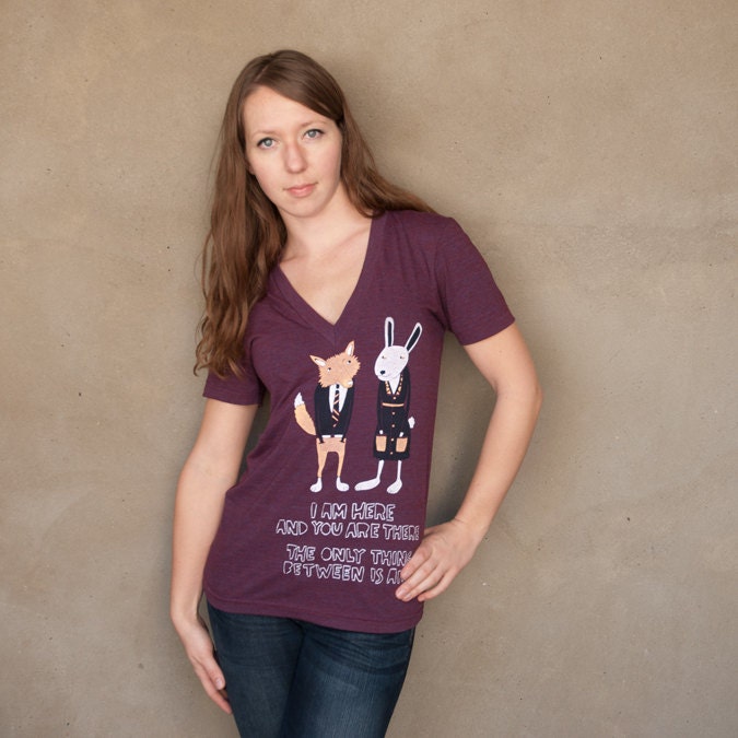 The Air Between - Fox and Bunny - Deep V-neck - hand printed t-shirt - Silk screened women's v neck