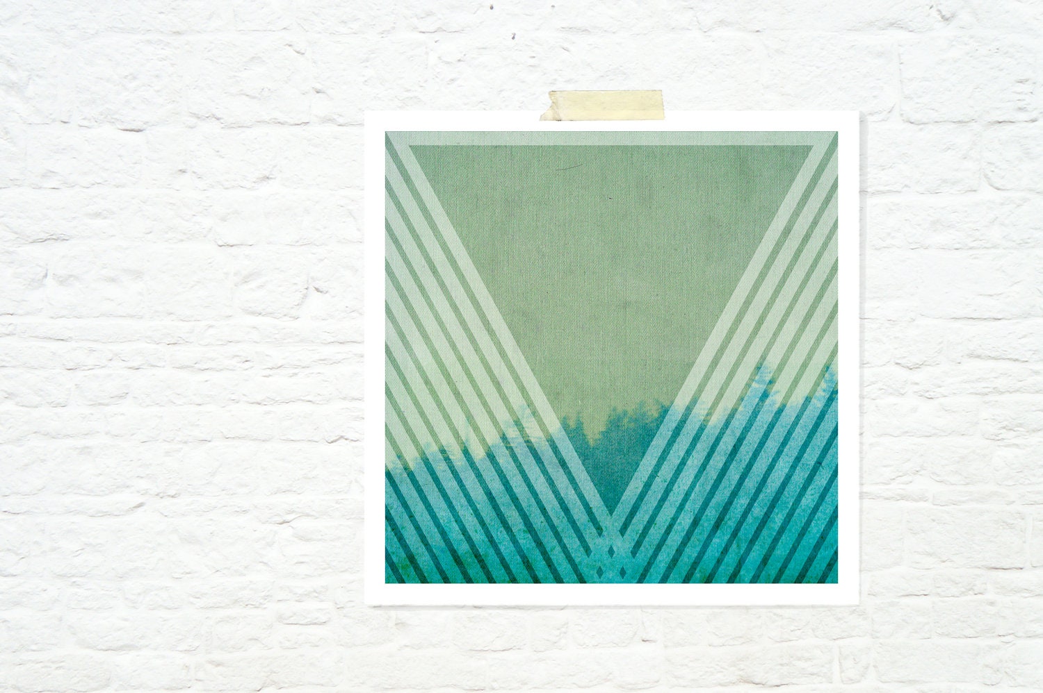 Art Deco art print geometric lines forest landscape wall art ultramarine green blue - Ever Green