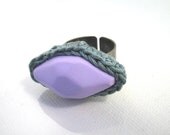 Chunky Diamond Ring in lavender with Crochet Bezel by Even Howard. Adjustable wide band easily fits 7-10. Chunky Cocktail ring.
