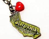 California Love Charm Necklace -  Brass Retro Heart Red Green State Pride