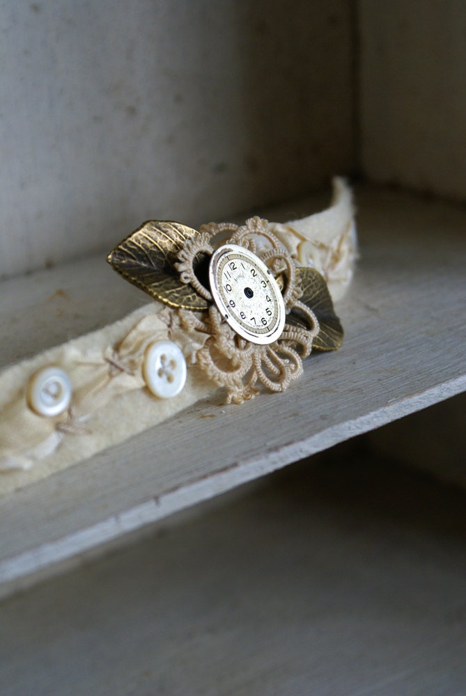 Mixed Media Assemblage Bracelet with Vintage Watch Face, Buttons, and Lace -- Handmade in Ireland