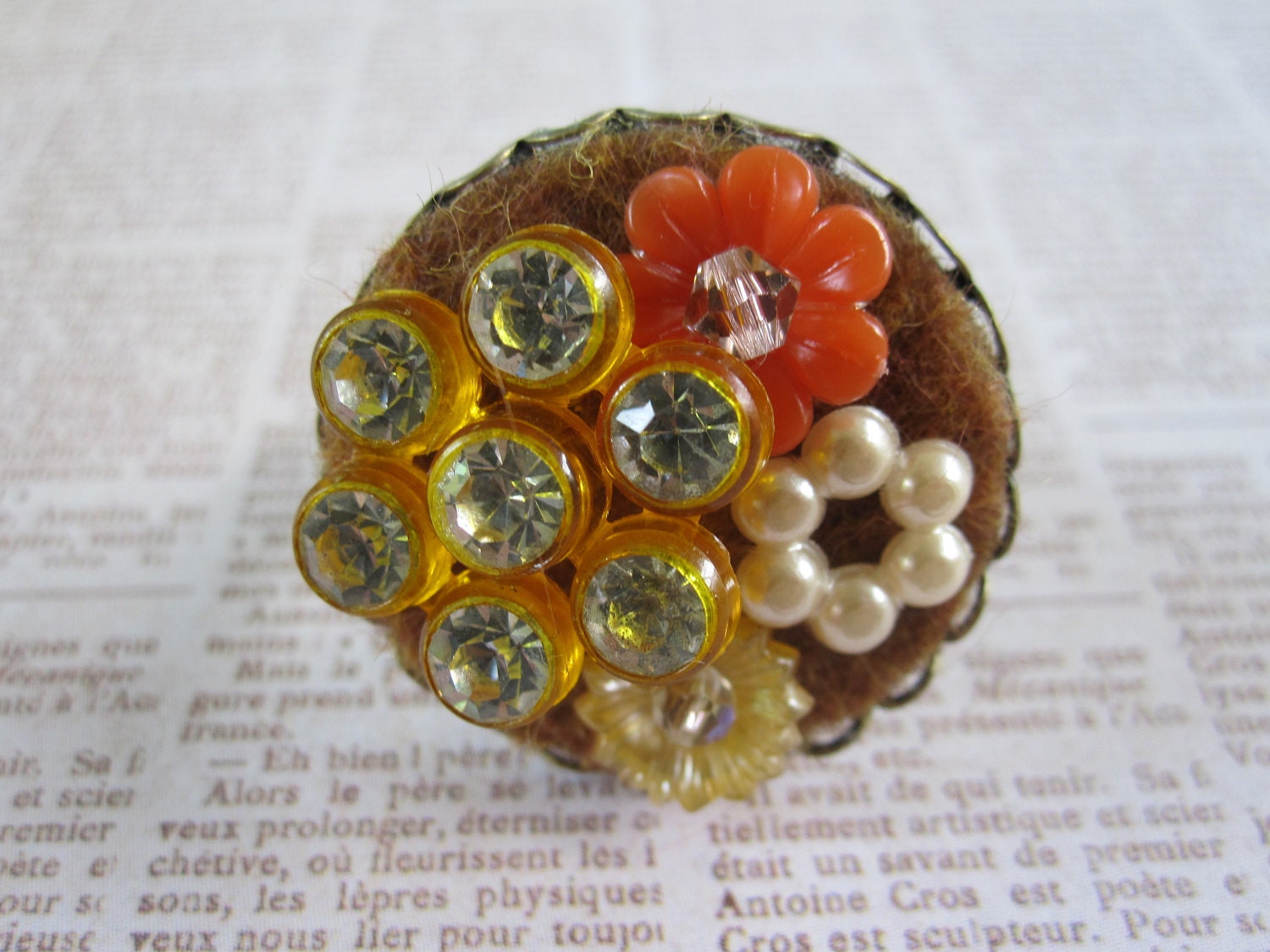 Vintage Plastic Flower Collage - Adjustable Ring