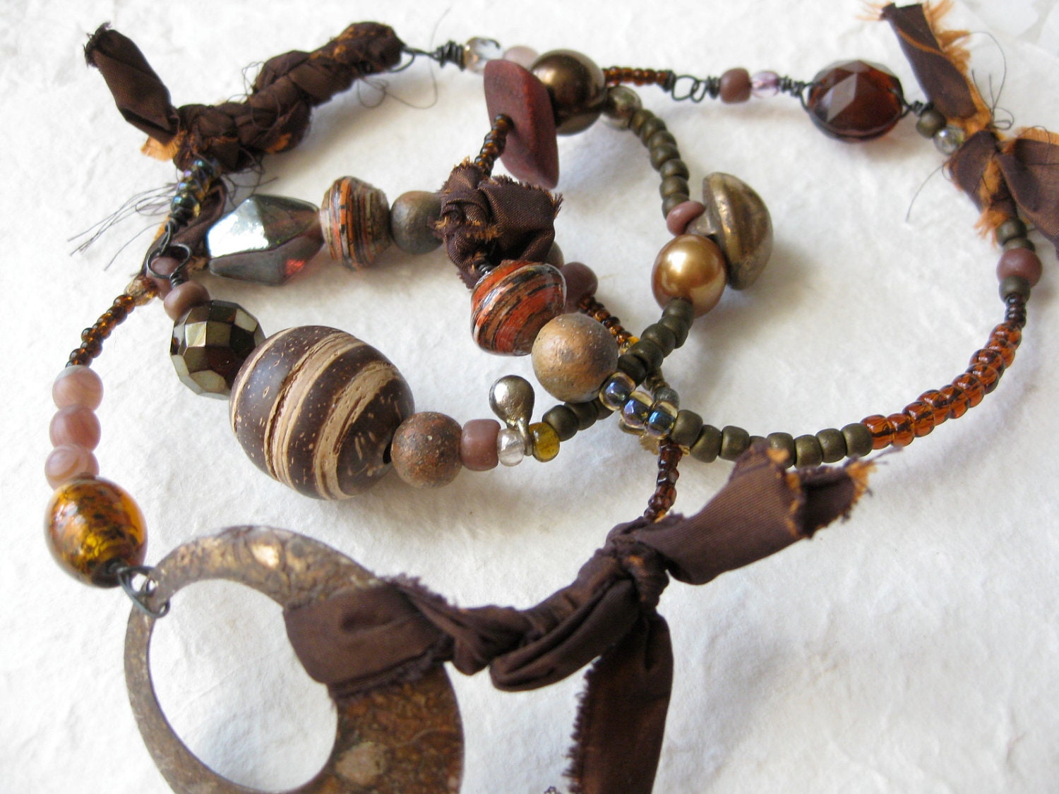 gypsy bangle stack - tribal assemblage - bronze brown - salvage - african beads - silk textile - rustic -vintage antique - crankypants