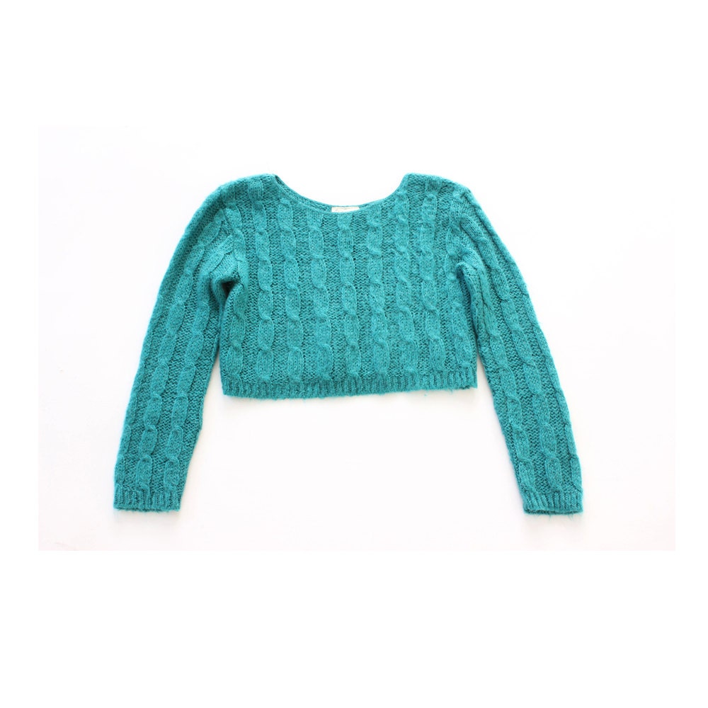 vintage 1980's TEAL MOHAIR soft cable knit crop sweater