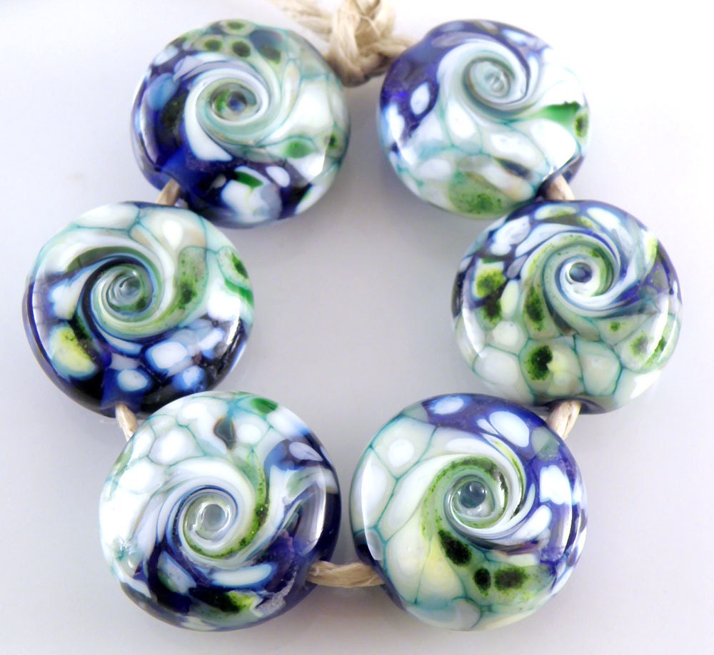 Peppermint Swirls - Handmade Artisan Lampwork Beads - Lampwork Glass Lentil Beads 18mm - Blue, Green, White - SRA (Set of 6 Beads)