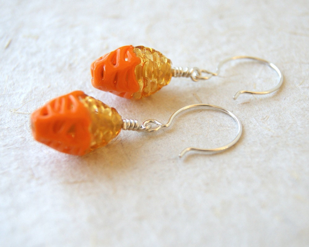 Goldenrod and Tangerine Earrings, vintage spiderweb glass beads, Eco Friendly Fashion