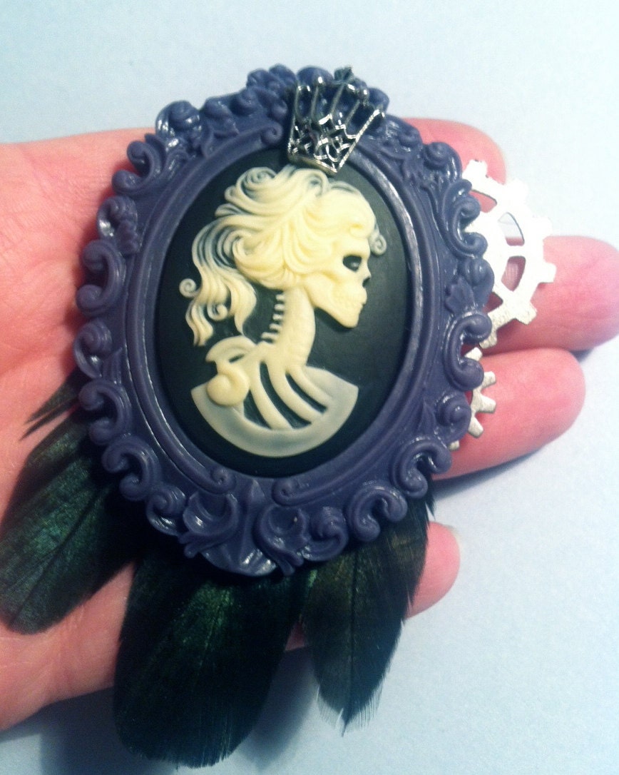 Steampunk Skeleton Purple Princess Dark Regency Feather Brooch Pin