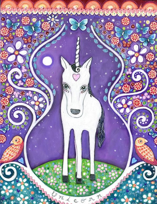 Girls room art print white unicorn folk art magical mystical dream series birds hearts buttterflies mixed media childrens wall decor