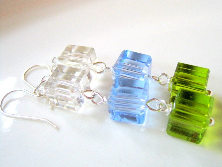 Swarovski Crystal Cube Earrings, Sterling Silver, Pastel Colors Dangle