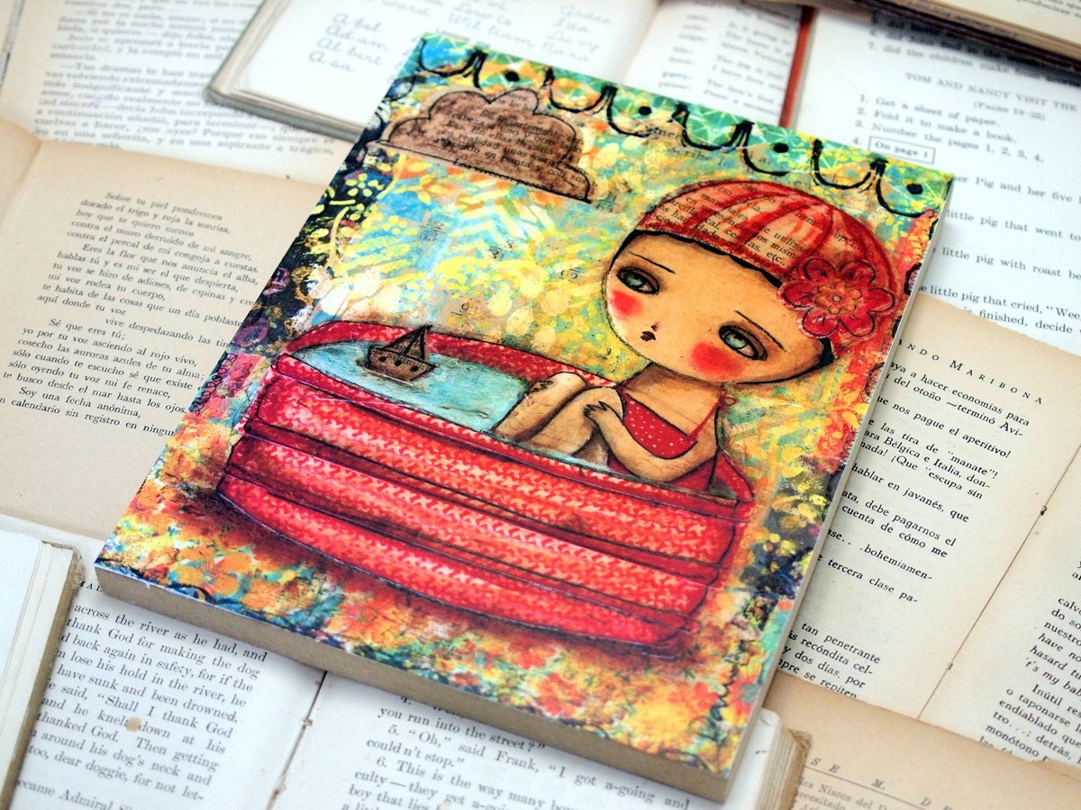 The Red Pool - Giclee Reproduction From An Original Mixed Media Whimsical Painting By Danita Art - 7x9 Inches Mounted On Wood Block