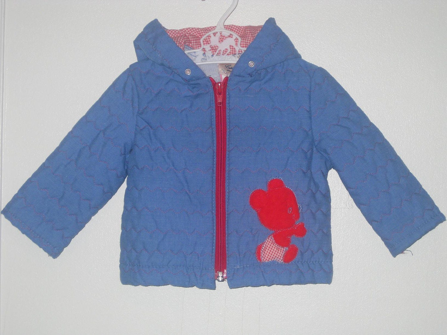 Vintage Teddy Bear Applique QUILTED HOODED JACKET, Size 12 Months Unisex Children Baby