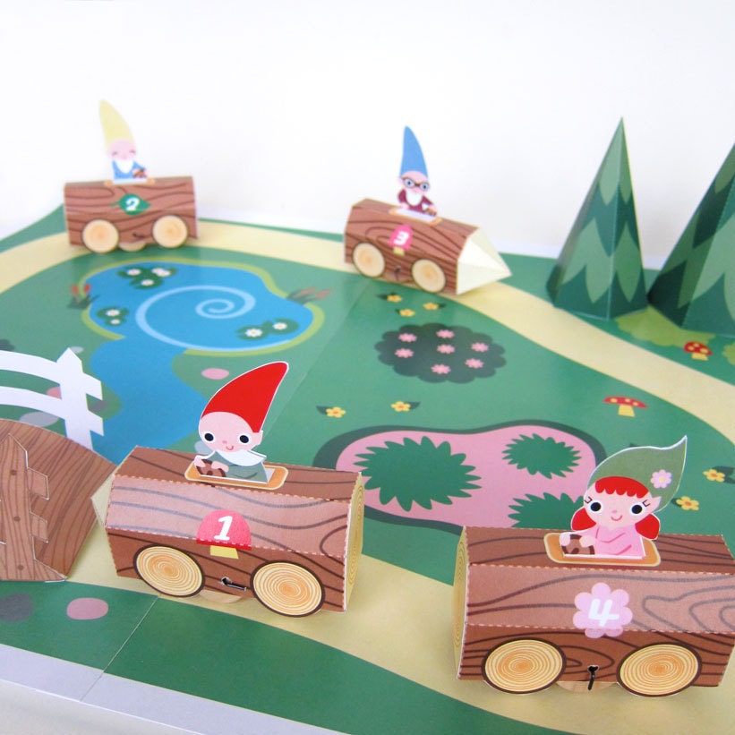 Gnome Log Race Car Playset Printable Paper Craft PDF
