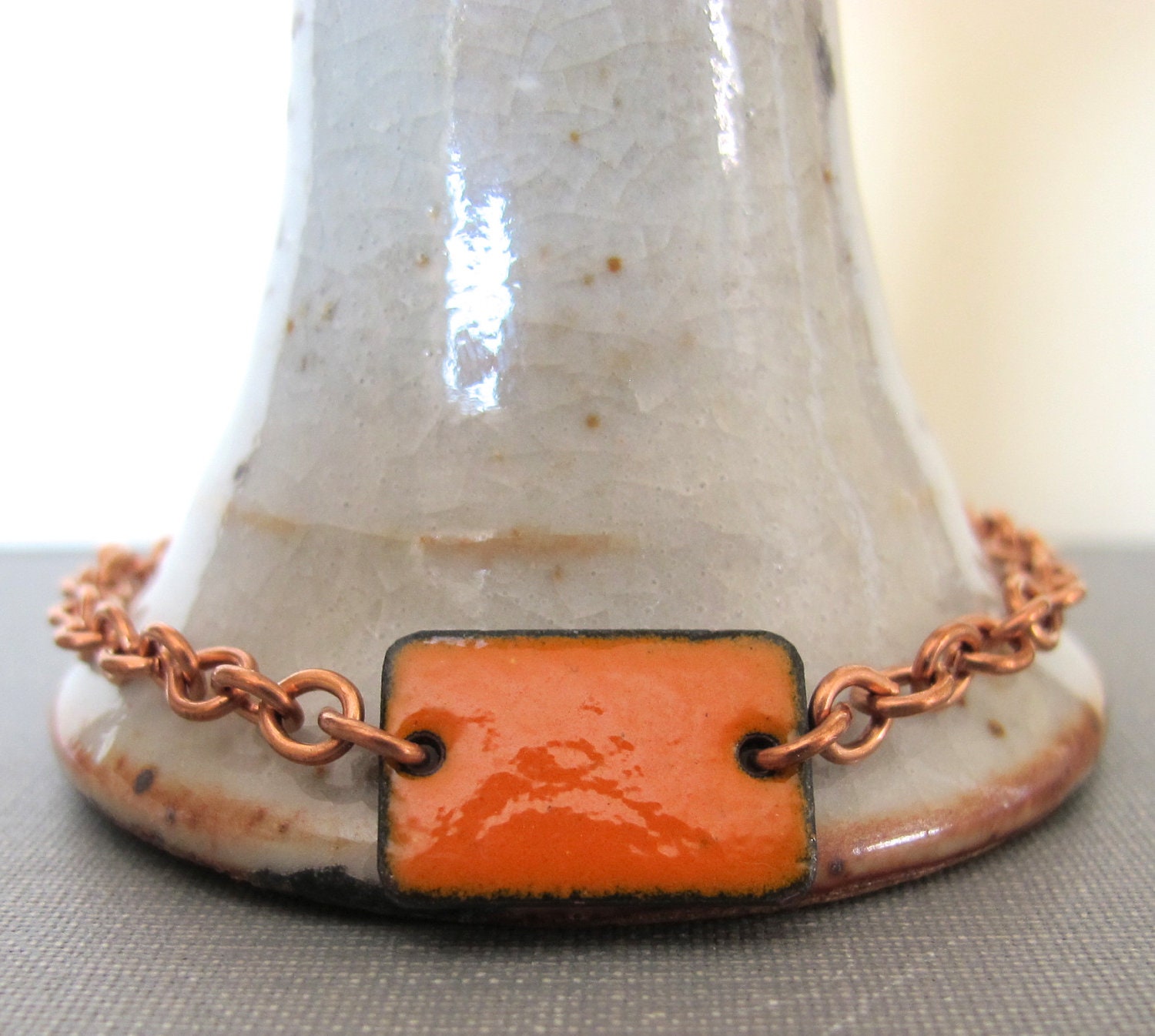 Orange Bracelet, Enamel Bracelet, Enameled Copper, Copper Chain, Chain Bracelet, Tangerine Rectangle, Geometric Jewelry, Copper Bracelet