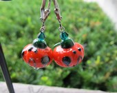 Jack-O-Lantern Pumpkin Earrings Lampwork Glass Swarovski Crystal Gunmetal