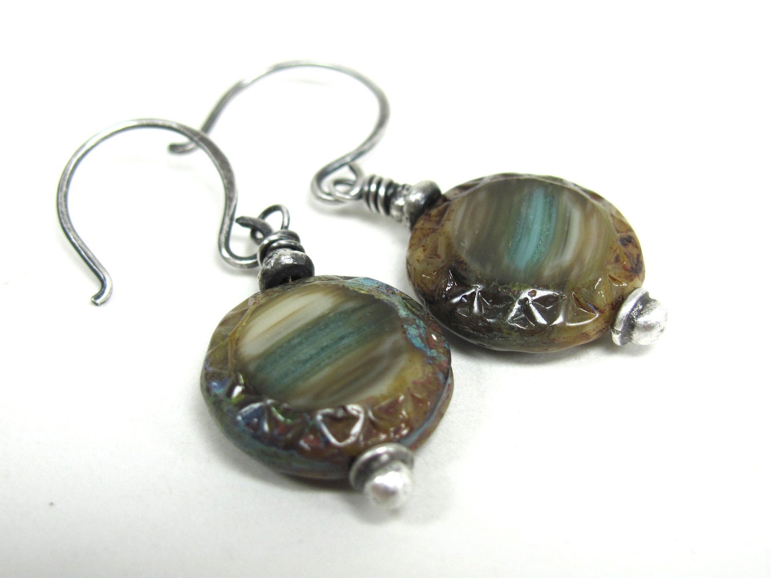 Ocean Wave Czech Disk, Hill Tribe Fine Silver,  Sterling Silver Earrings