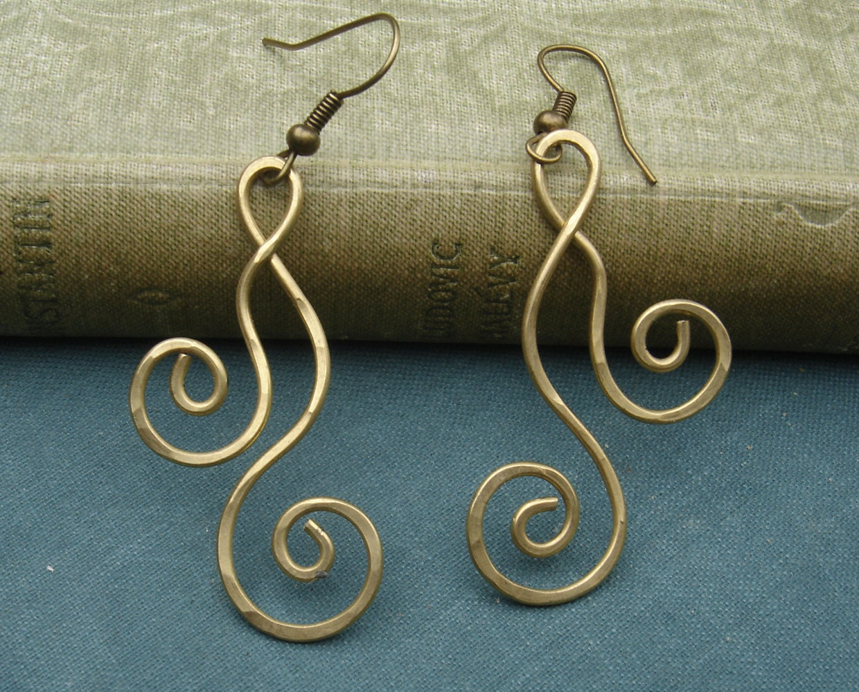Brass Swirl Dangle Earrings - Dancing Double Swirl Curl Spirals - Metal Wire Jewelry - Women - Brass Earrings