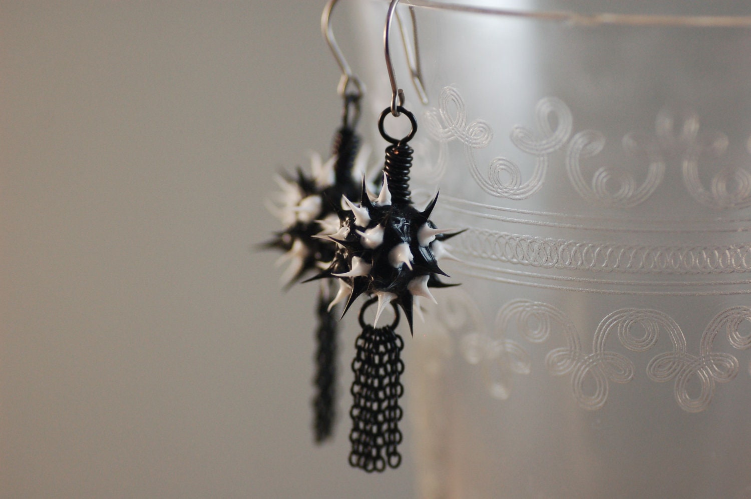 Eco-Chic Recycled Spiky Tire Rubber Tassel Earrings in Black and White