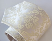 Damask necktie. Ivory-cream and platinum tie. Silkscreened men's wedding tie. Microfiber.