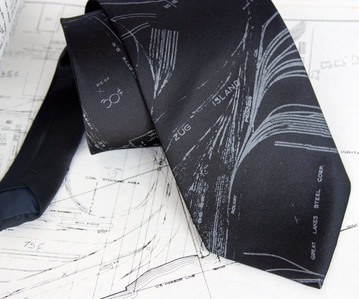 Detroit map necktie. Zug Island & River Rouge. Screenprinted men's tie, smoke gray print. Microfiber.