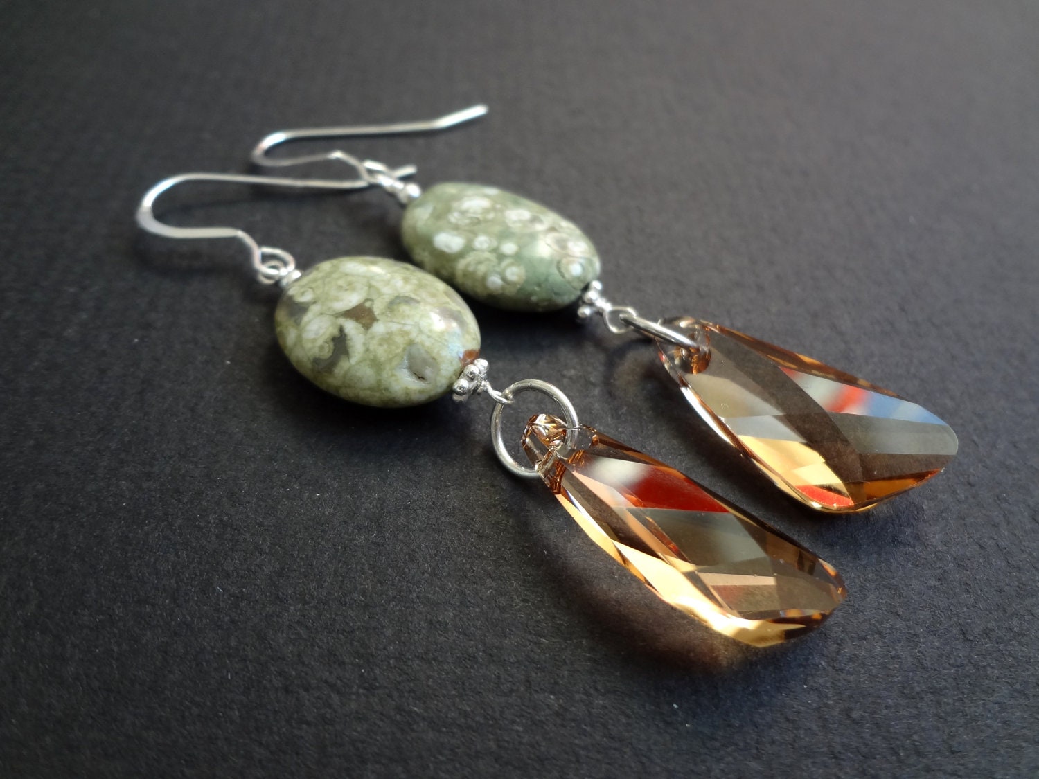MATCH POINT brown and green gemstone and swarovski crystal earrings.  Funky and unique jewelry.  Stone and crystal drop earrings.
