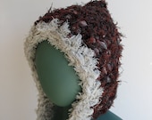 Fuzzy Autumn Elf Hood in Rust Burgundy and Brown Trimmed in Creamy Grey