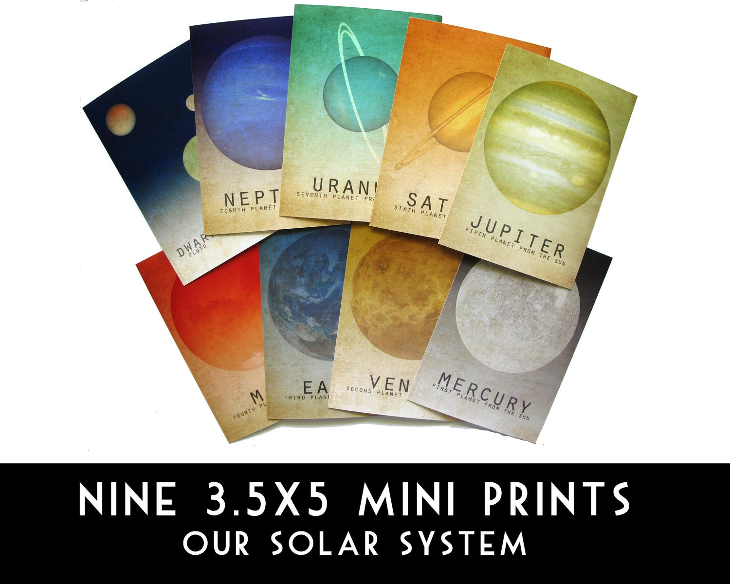 Nine 3.5x5 Solar System Prints Astronomy Space Art Planets Universe Milky Way Galaxy Stars Moon Geek Chic Nerd Science Posters Earth Mars