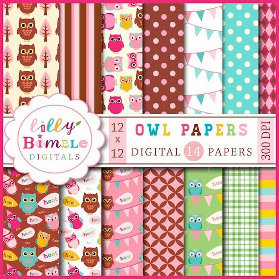 OWL Papers digital scrapbook papers for crafts, cards, Birthday Instant Download Il_570xn