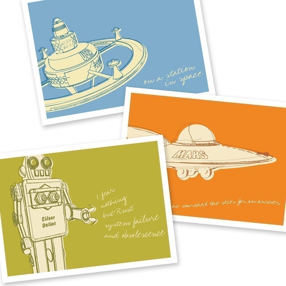Outer Space Art - Lunastrella Robot, Space Station and Flying Saucer 8x10 Set of Three Prints- Fathers Day Gift for Dad - Fift for Husband