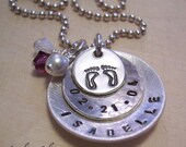 Personalized Necklace - New Baby Necklace - Birthstone, Date and Name - Hand Stamped Sterling Silver - Baby Feet Stamp