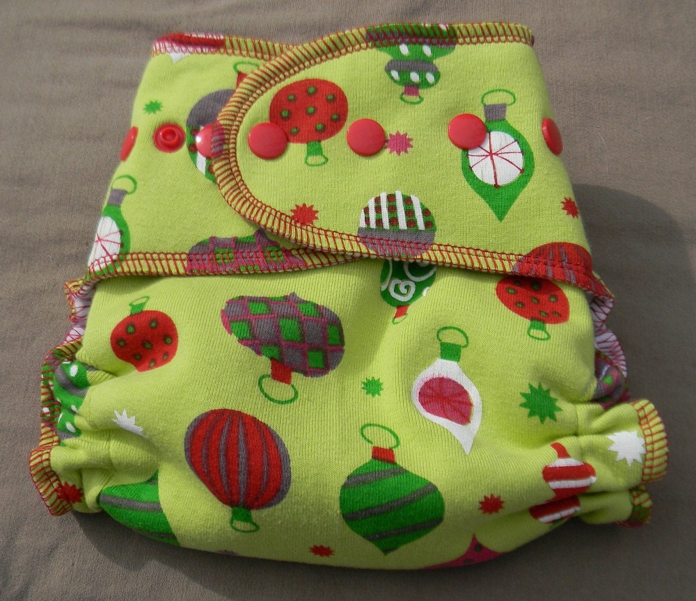 Made to Order Nifty Nappy One Size Fitted OR AI2 Cloth Diaper in Green Christmas Ornaments