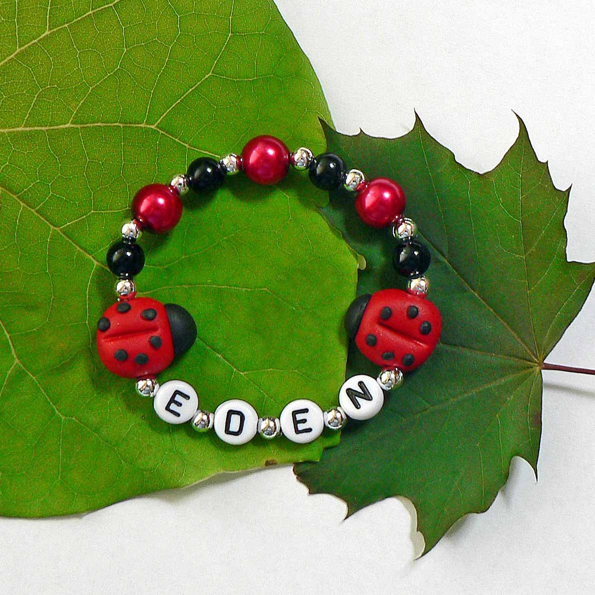 LadyBugs Bracelet Polymer Clay Ladybug Beads Hypoallergenic Personalized Name Bracelet Girls Stretchy Bracelet