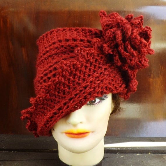 Crochet Hat Women Hat -  LAUREN Cloche Hat in Autumn Red with Flower - Womens Crochet Cloche Hat - Crochet Womens Hat - Custom Order