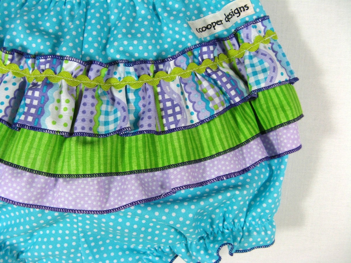 Size 6mo Ruffled Baby Bloomer .in Teal Polka Dot Diaper Cover