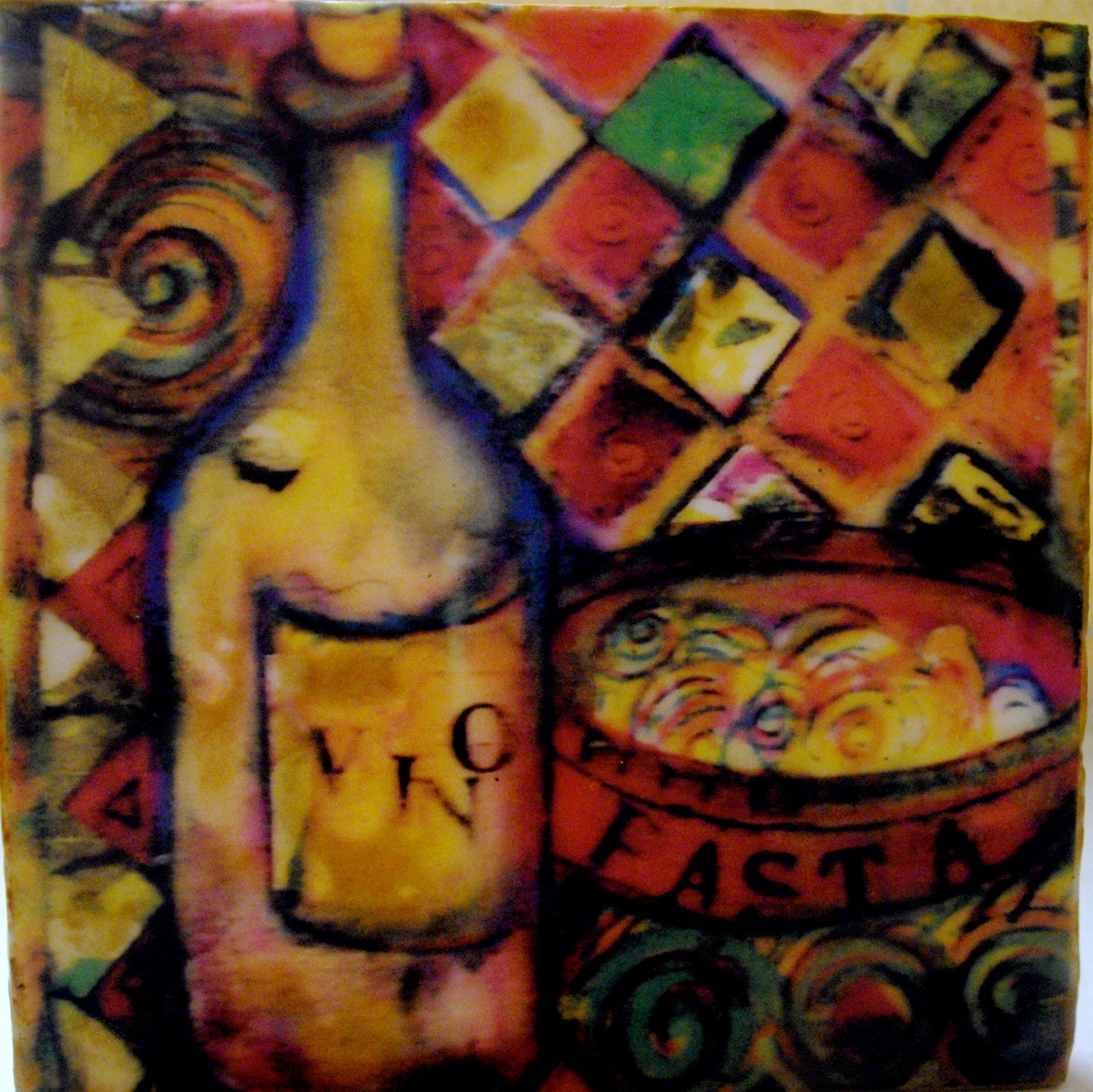 Wine and Pasta Encaustic Painting-- Food Art, Encaustic  collage, Beeswax, Small Art Still LIfe