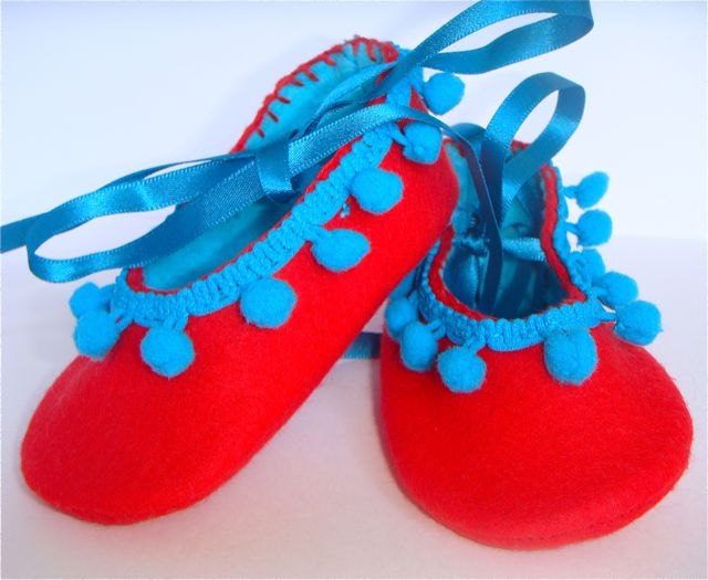 Red Felt Baby Booties,Turquoise Soft Soled Shoes with Pom Pom Trim and Ribbon Ties -  Small