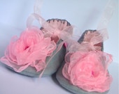 Grey and Pink Organza Felt Baby Booties/Shoes Small