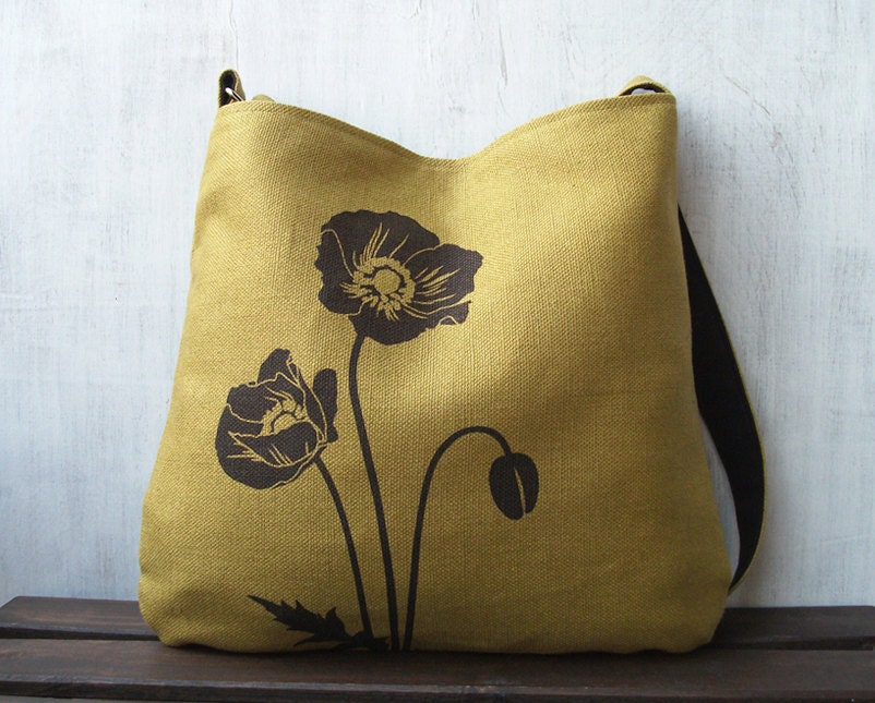 Hemp Messenger Bag with Poppies Organic Cotton Lining - Deep Golden Mustard