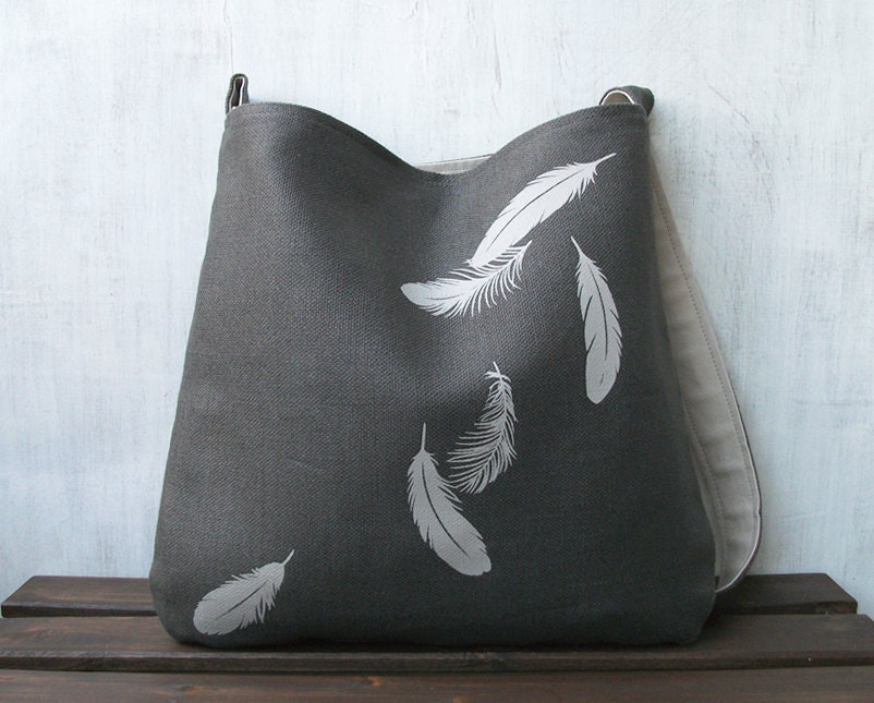 Hemp Tote Bag - Handbag - Messenger Bag with Falling Feathers - Charcoal Gray