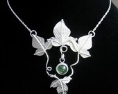 Elvish Autumn Ivy Leaf Necklace, Sterling Silver Handmade, 8mm Green Tourmaline, Attached 16 Inch Sterling Box Chain and Lobster Claw