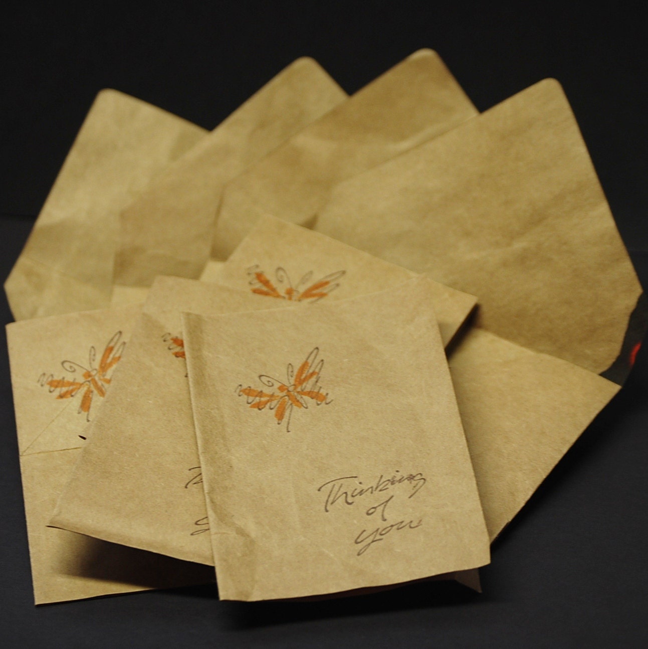 Upcycled Grocery Bag, Thinking of You butterfly, set of 4 folded note cards and envelopes made with recycled grocery sack
