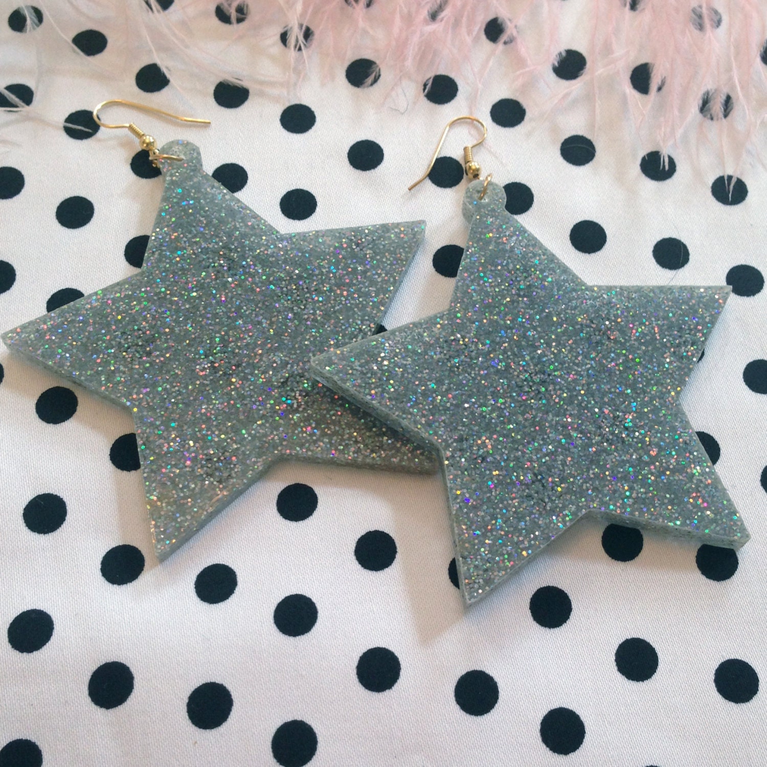 Huge Silver Glitter Acrylic Star Earrings