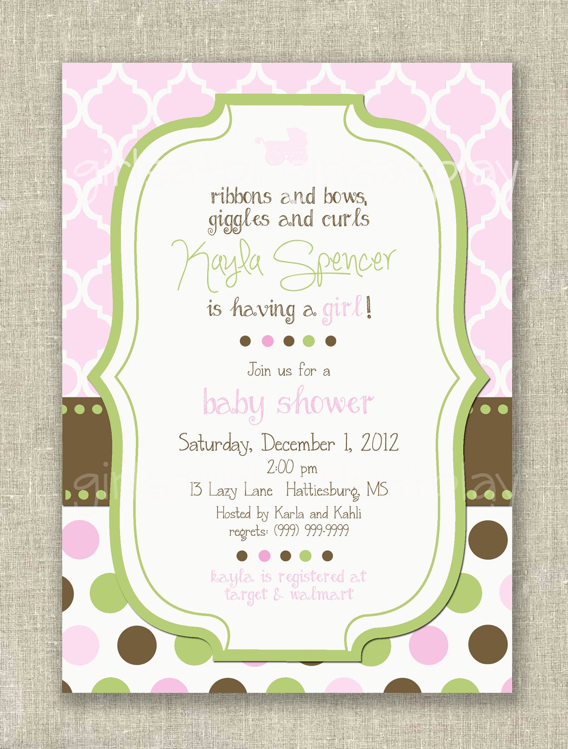 Baby Girl Shower Invitation Invite Brown Bubble gum Pink- Printable DIGITAL - by girls at play girlsatplay