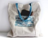 Linen tote knitted bag ecru teal blue large purse cotton knit pocket memake handmade handbag fashion