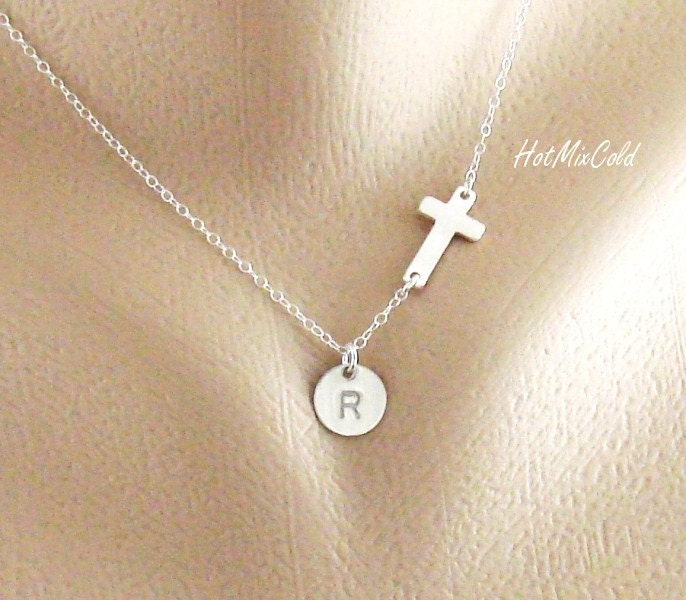 Silver Sideways cross Necklace and Initial charm. SMALL cross. Monogram Necklace. Personalized Mother jewelry. Horizontal cross Necklace