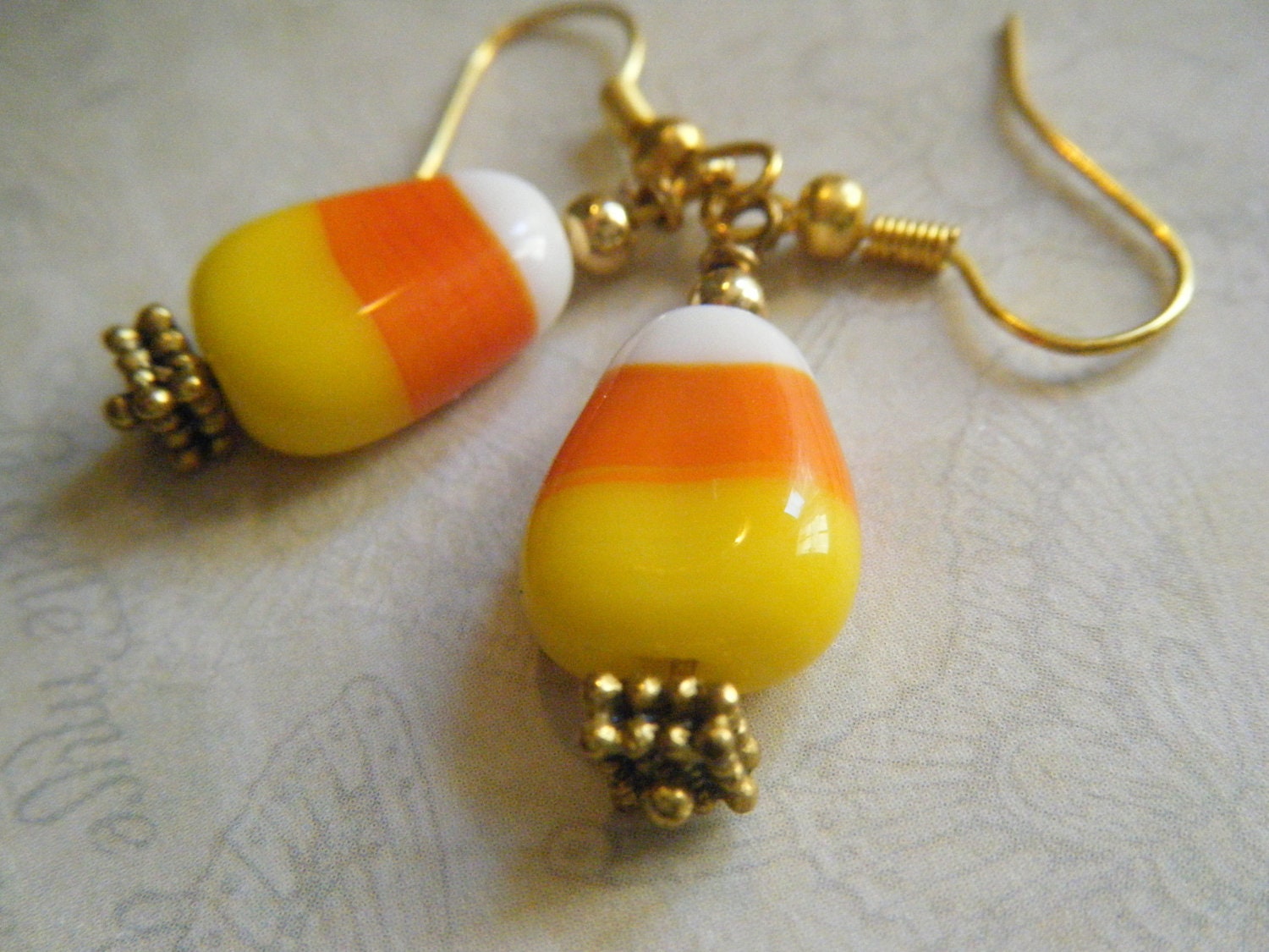 Halloween Candy Corn Earrings, Lampwork Glass Beads, Holiday, Autumn, Kitsch, Orange