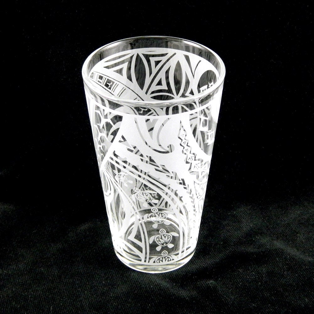 Etched Pint Glass - Polynesian Motif - Frosted - Custom Etched Glassware