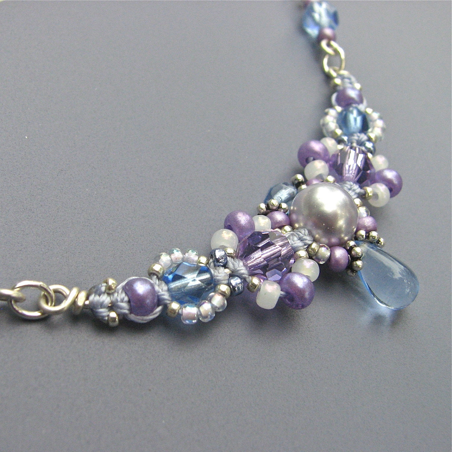 Macrame and Glass bead necklace- Flora style- lavender and light blue with silver