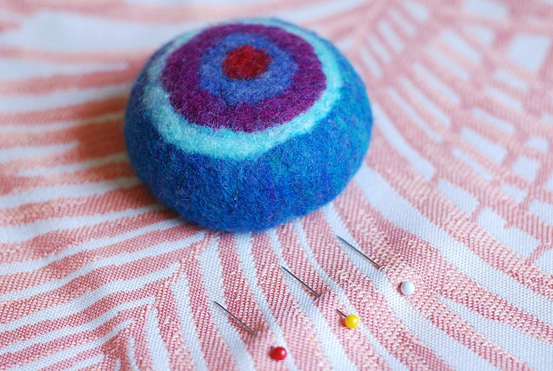 Felted Pincushion . Blue Bullseye